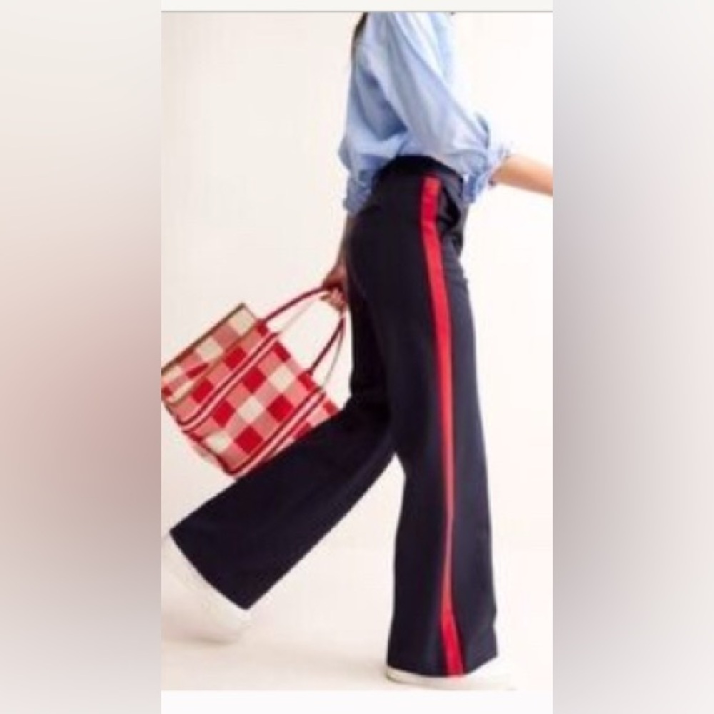 Boden Navy Wide-Leg Trousers with Red Side Stripe